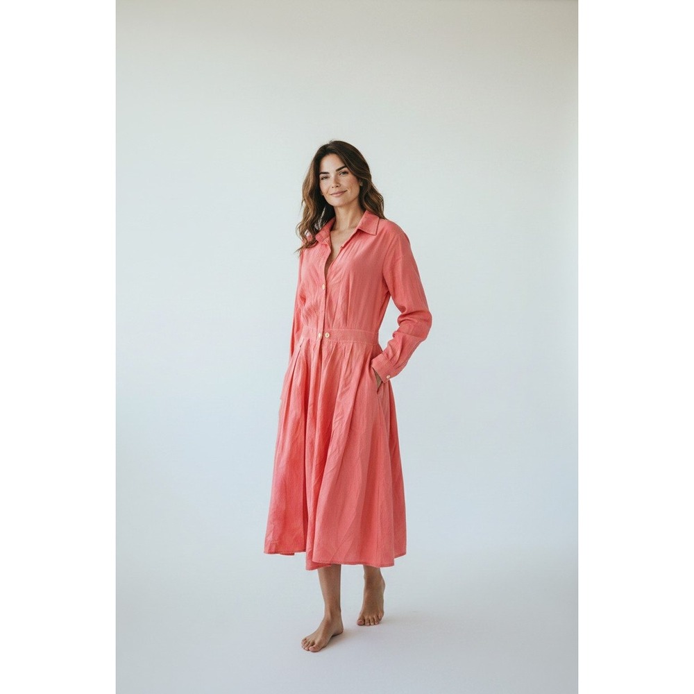 Cotton Long Sleeve Button Down Midi Shirt Dress Coral Pink Size L Pocketed